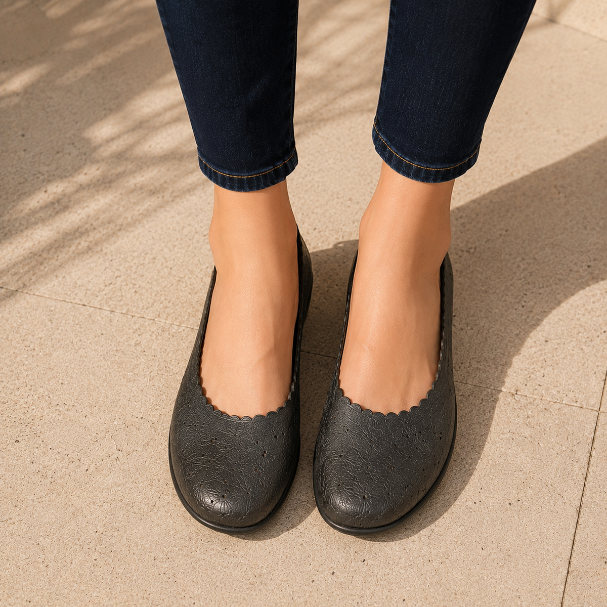 Giva Perforated Cushioned Leather Ballerinas in Black - The Heels India