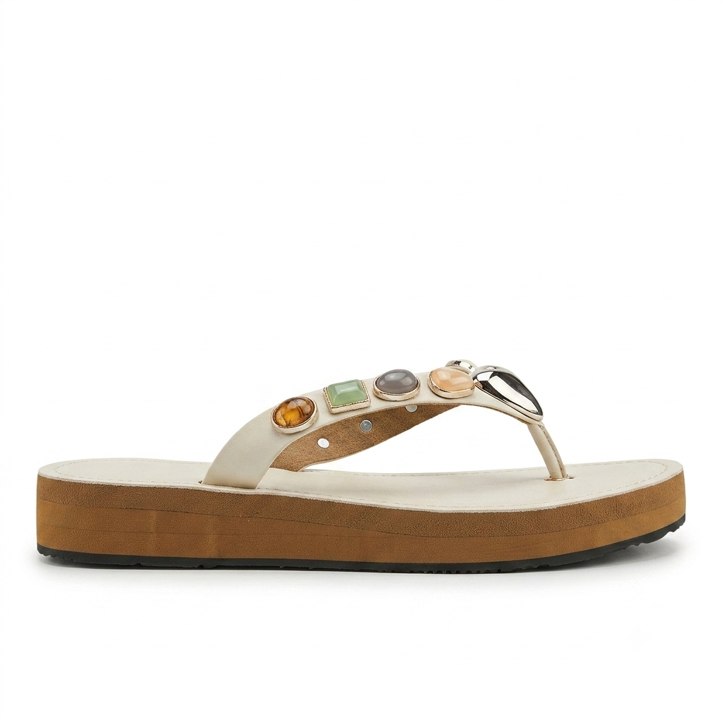Norelle Gemstone V Strap Comfort Slippers Off White - The Heels India