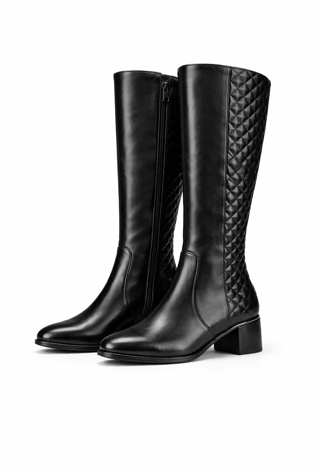 Esther Quilted Premium Knee High Boots with Block Heels