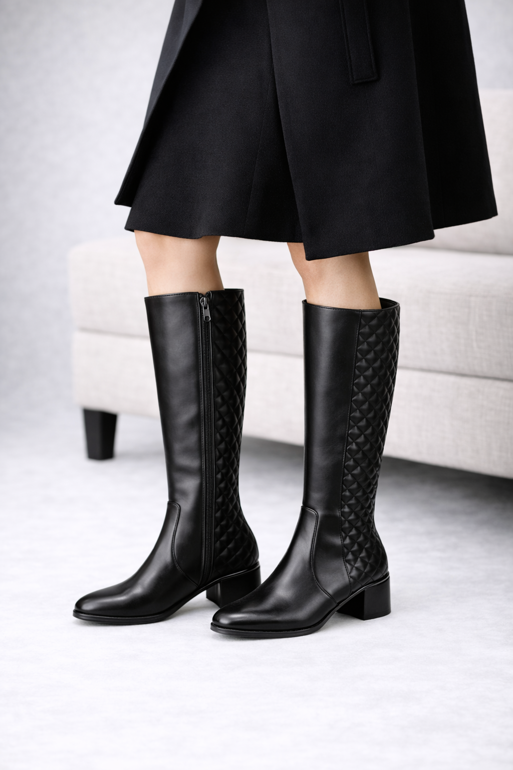 Esther Quilted Premium Knee High Boots with Block Heels