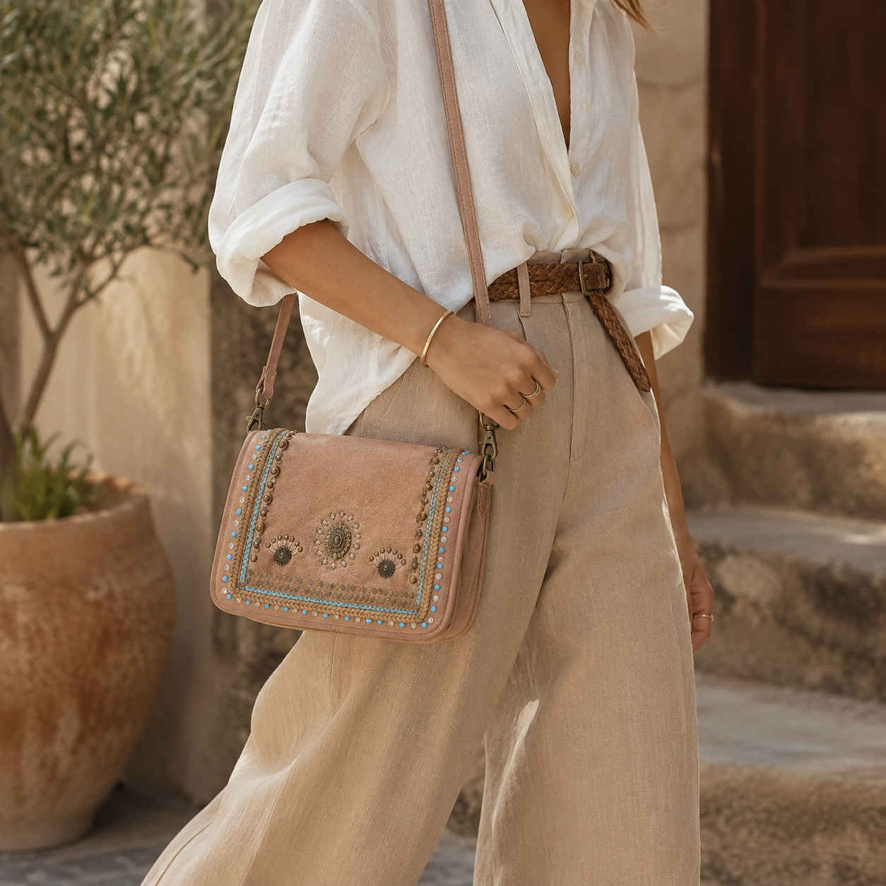 Savio : Embellished Leather Beige Crossbody Flap Bag - The Heels India