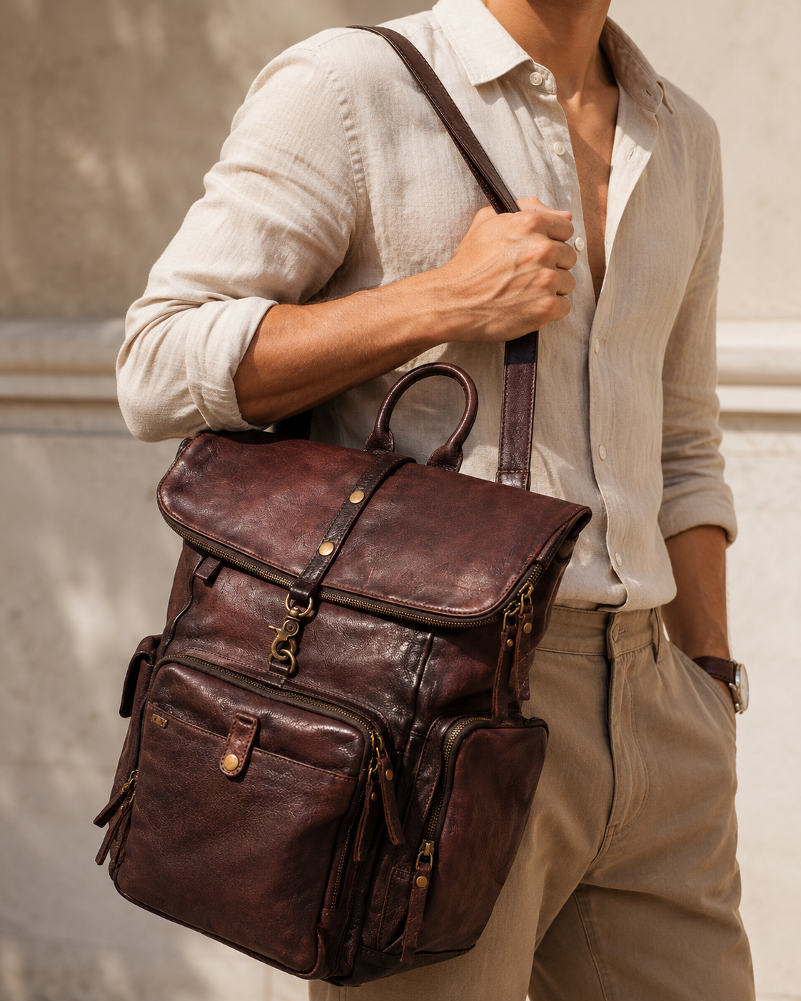 Leo : Real Leather Brown With Wash Effect Backpack - The Heels India