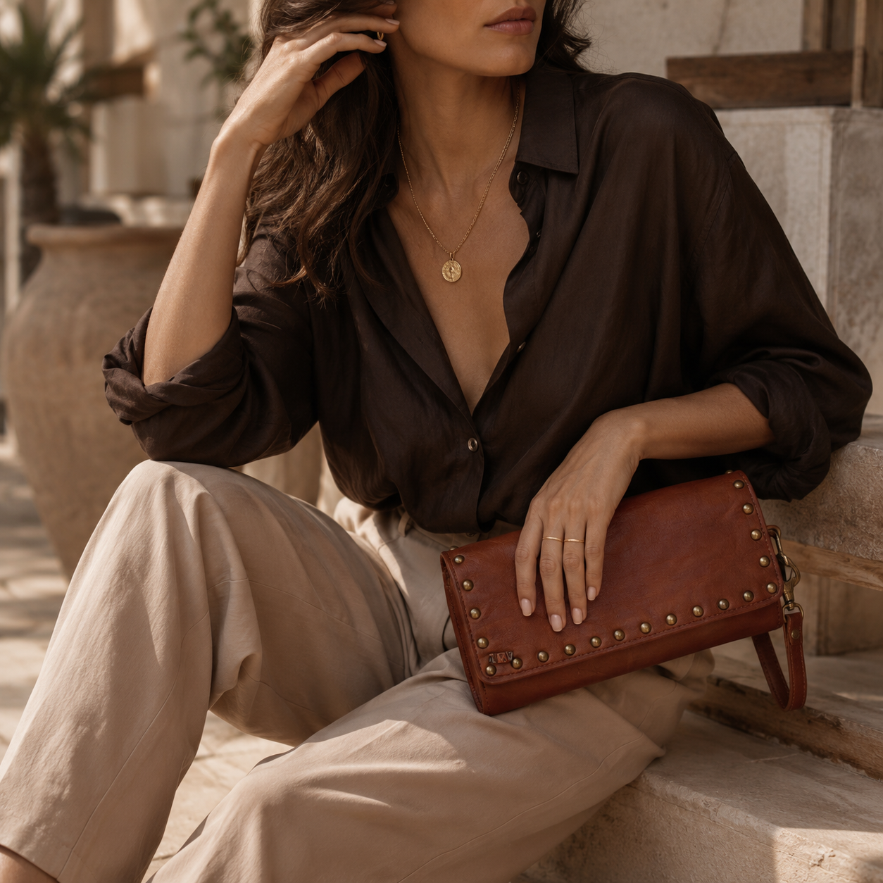 Olivia : Genuine Cognac Leather Mini Crossbody Bag