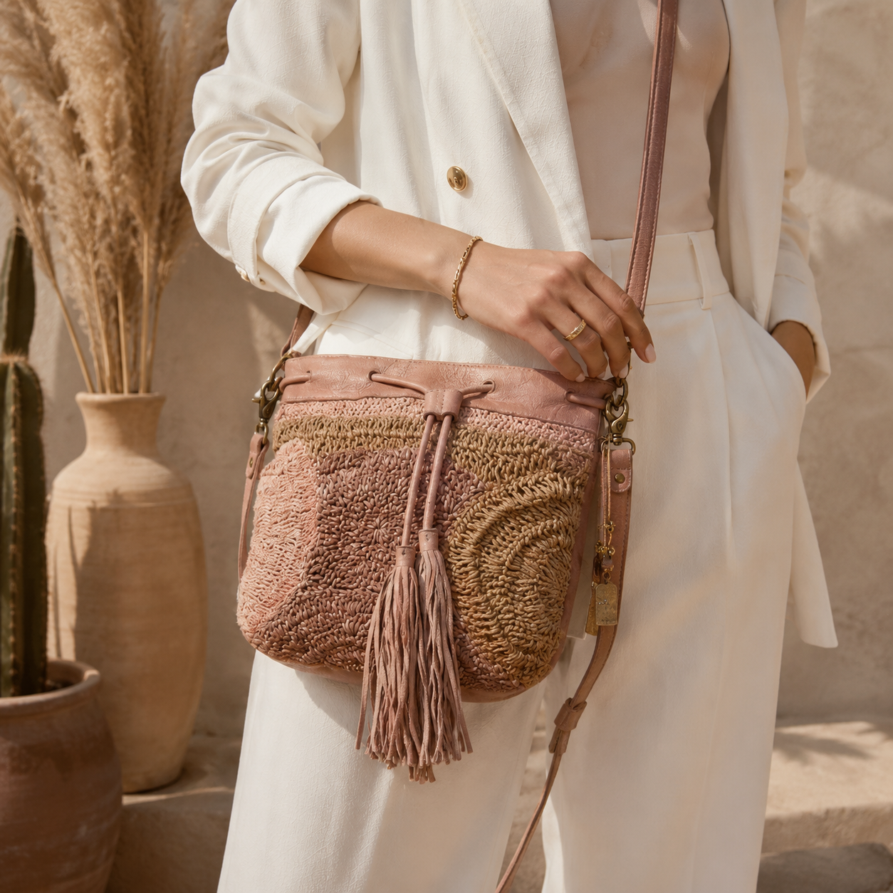 Genuine Blush Leather Bucket Bag