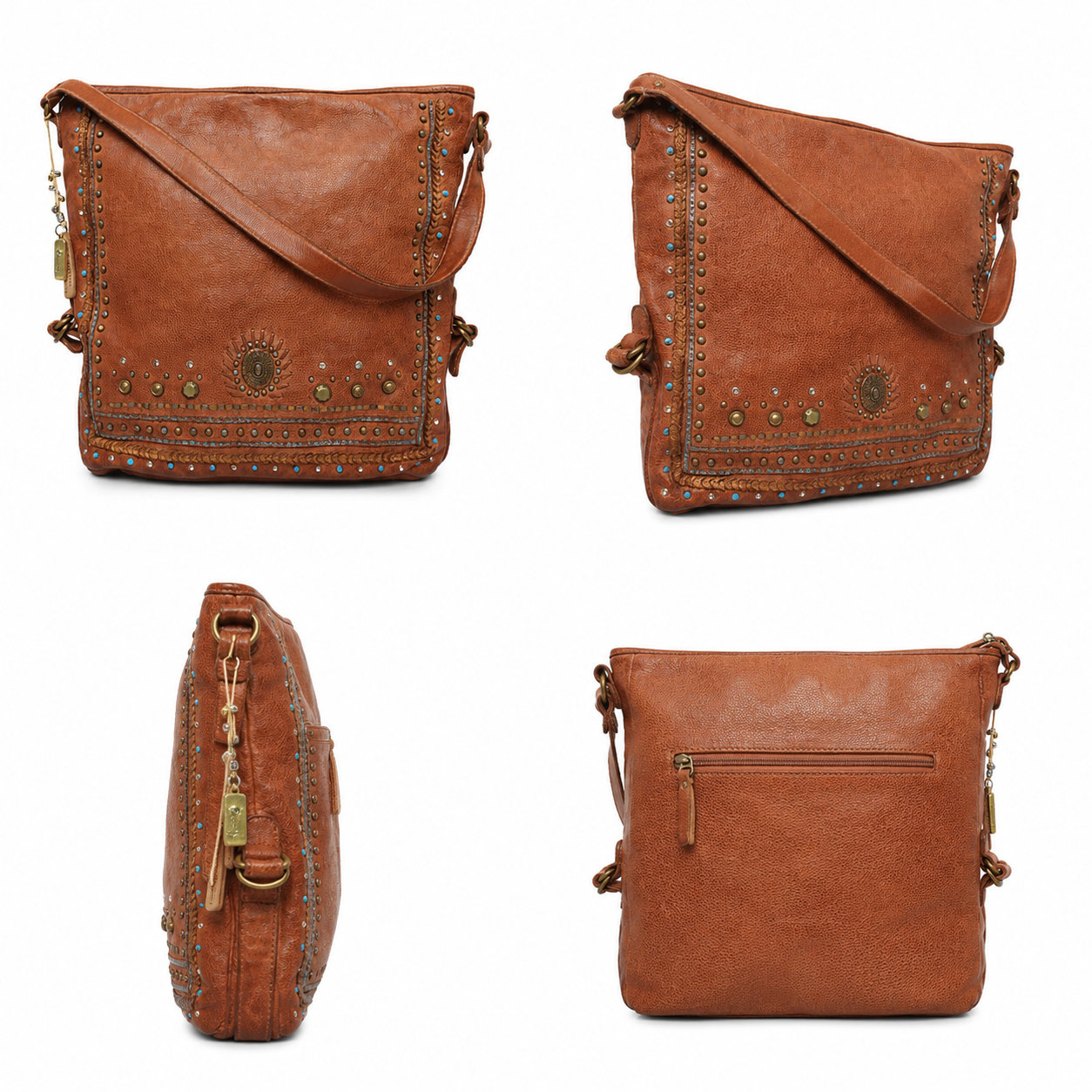 Savio: Cognac Embellished Hobo Bag In Veg Tan Leather