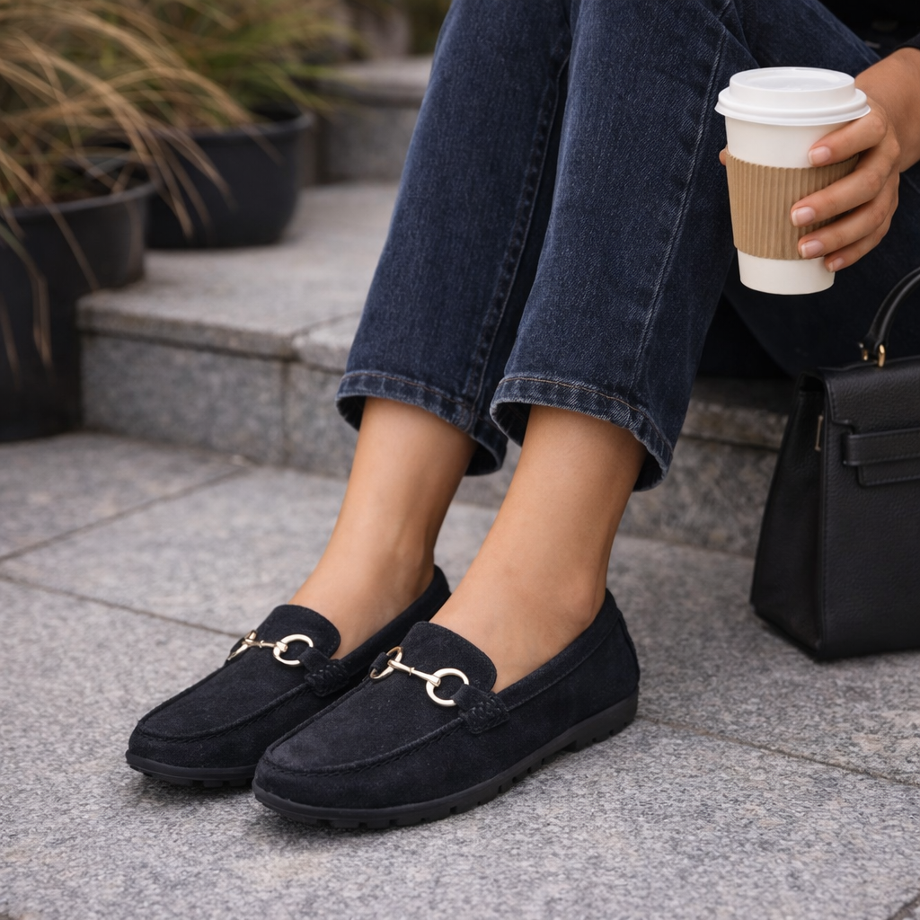 Olivia Suede Buckled Winter Loafers - The Heels India