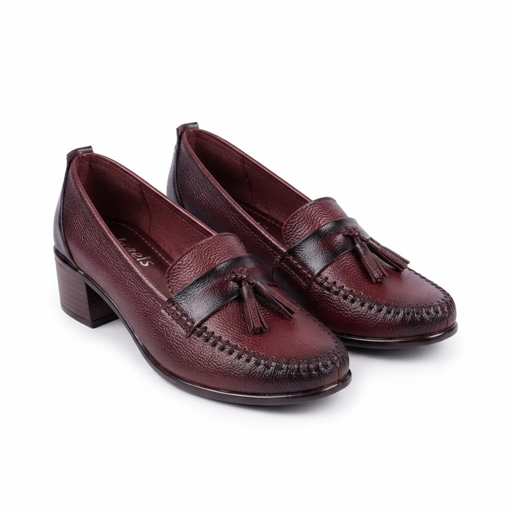 Fiona Leather Tassel Block Heel Loafers in Maroon – view 2