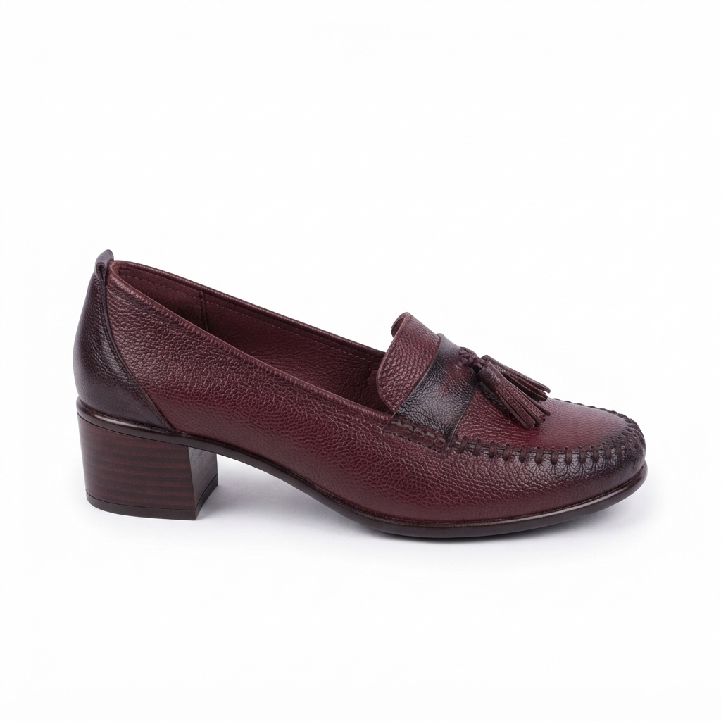 Fiona Leather Tassel Block Heel Loafers in Maroon for women | The Heels