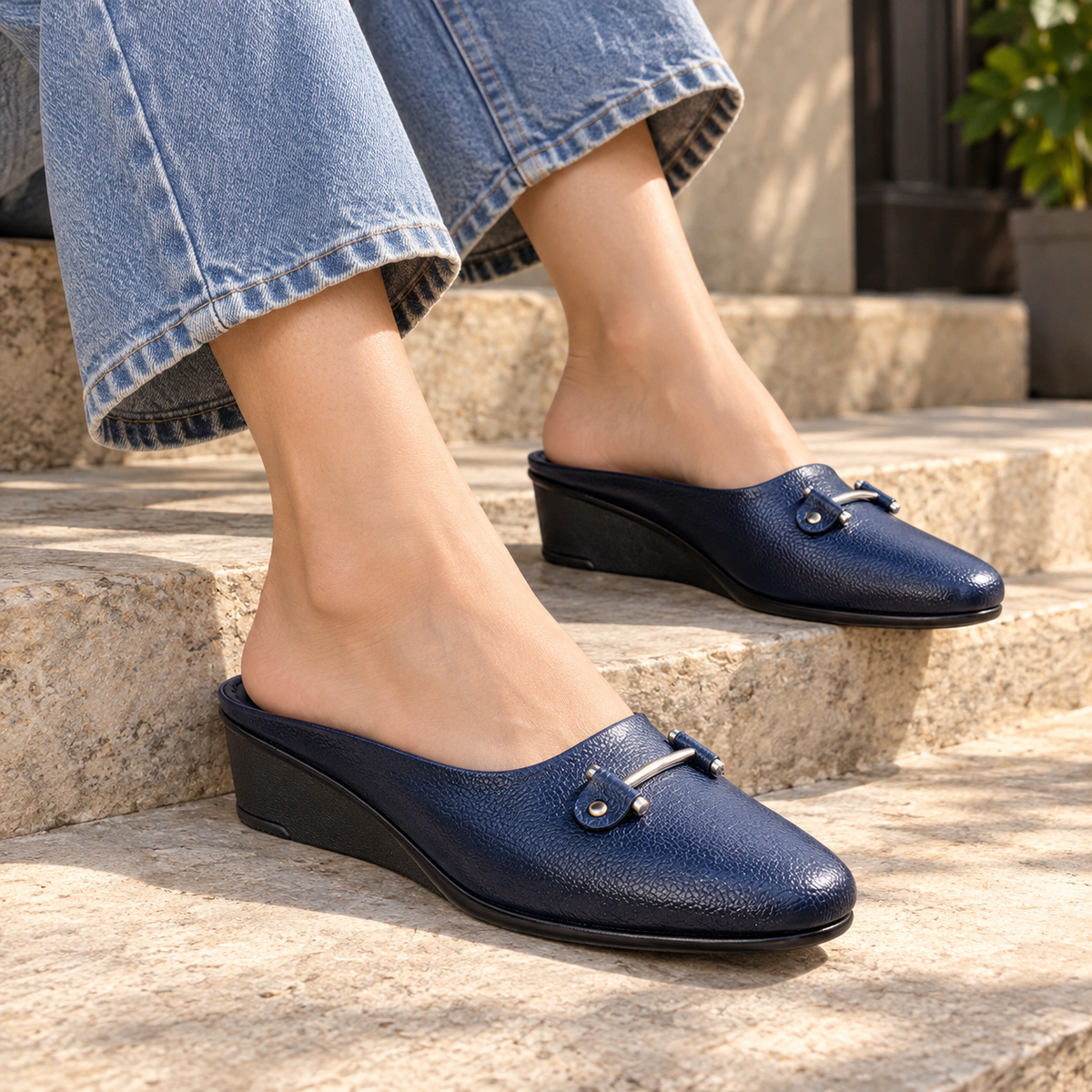 Cherie Buckled 2.0 Leather Back Open Wedge Heel Mules