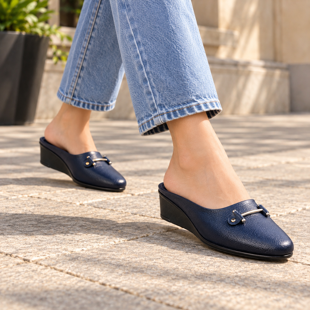 Cherie Buckled 2.0 Leather Back Open Wedge Heel Mules