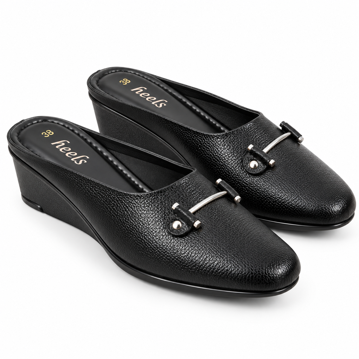 Cherie Buckled 2.0 Leather Back Open Wedge Heel Mules