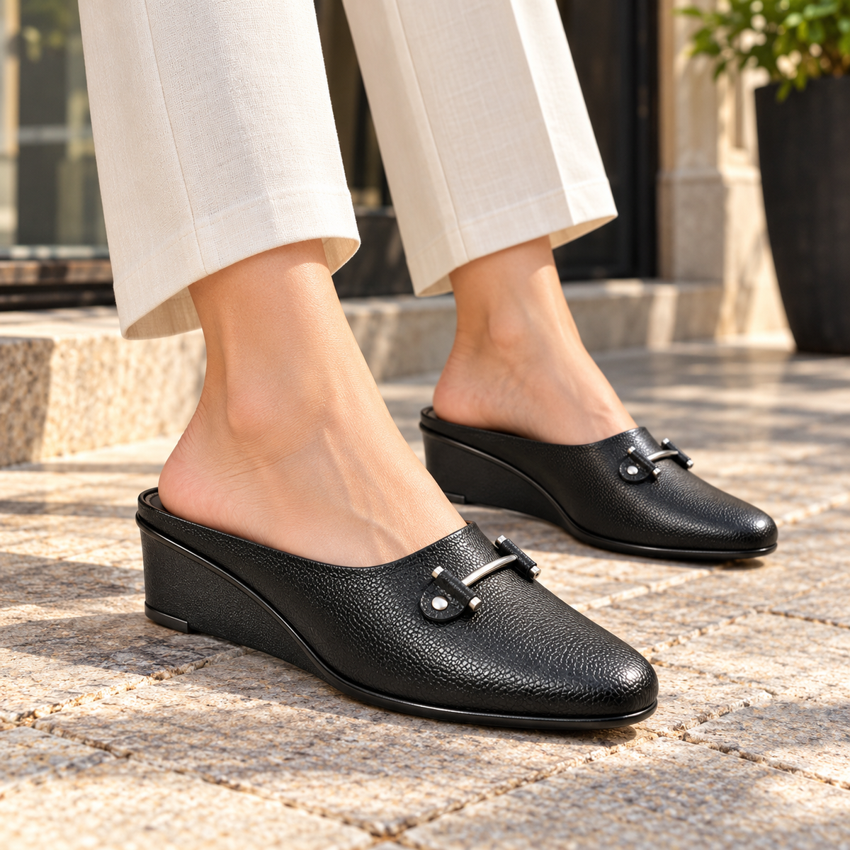 Cherie Buckled 2.0 Leather Back Open Wedge Heel Mules