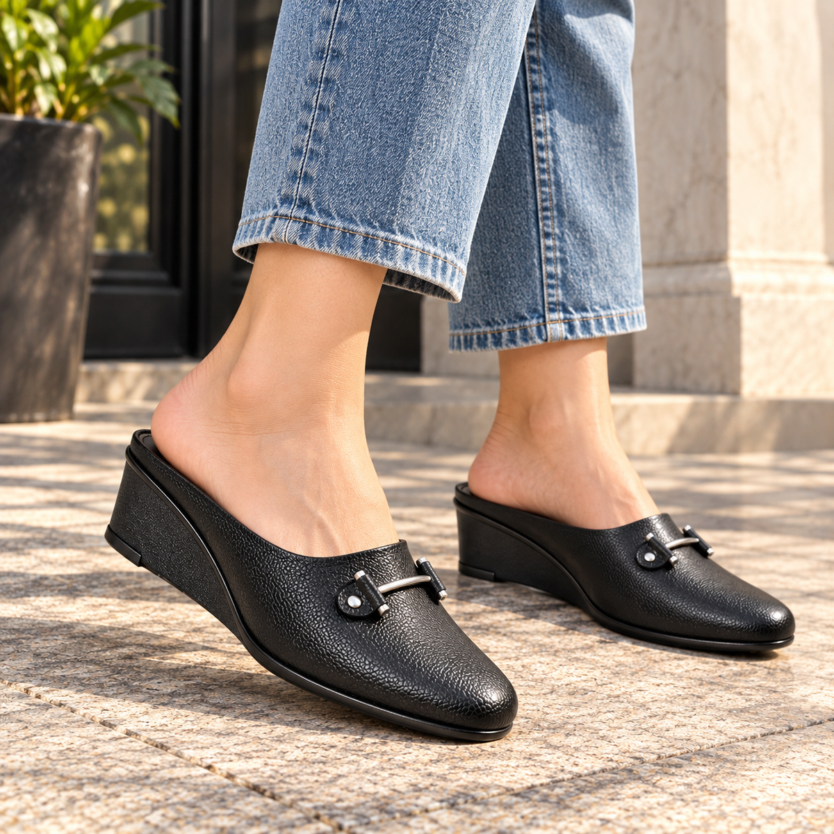 Cherie Buckled 2.0 Leather Back Open Wedge Heel Mules