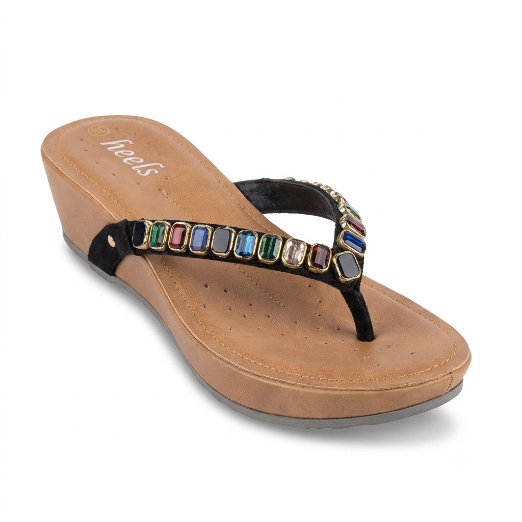Julia Cushioned Beads V Strap Wedge Slippers