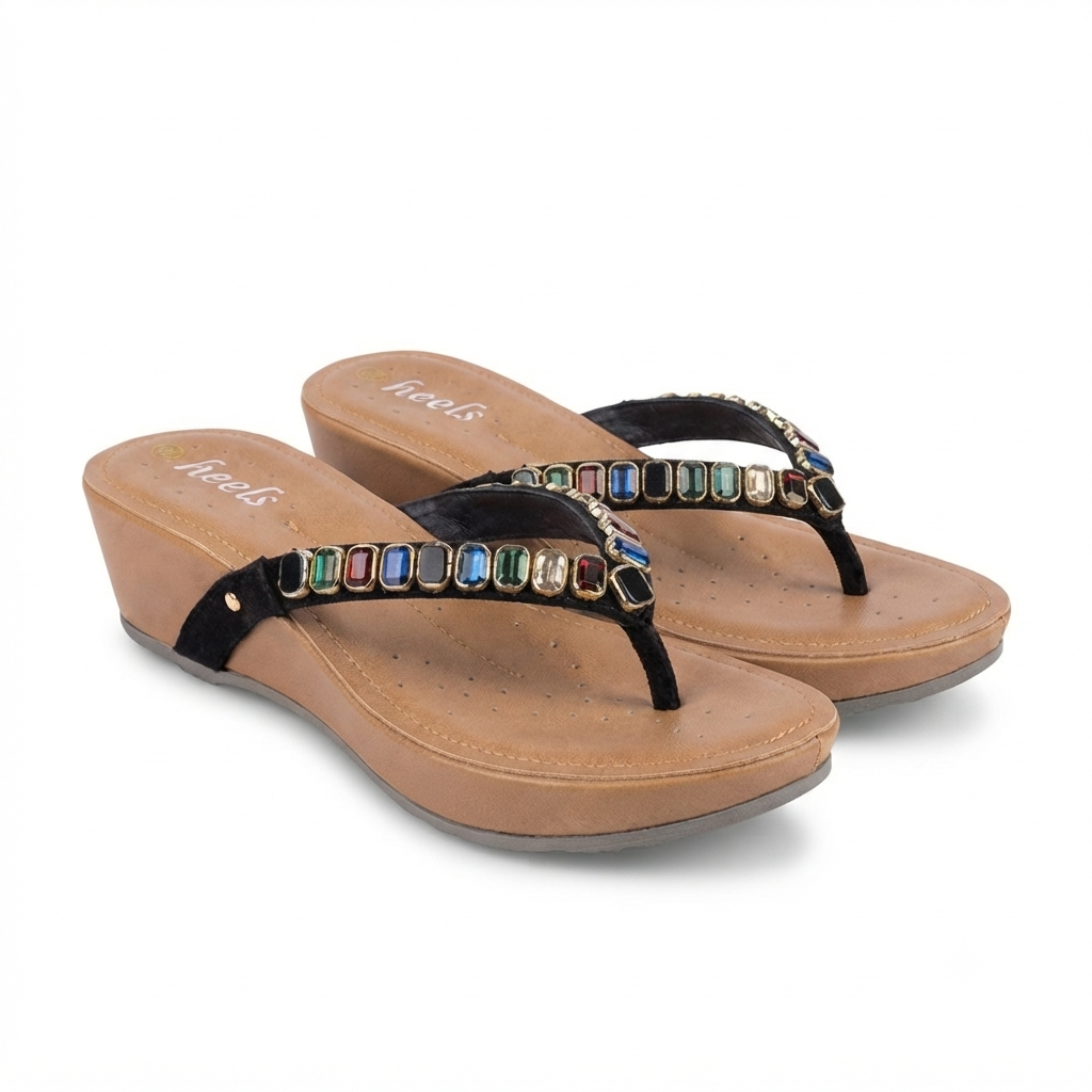 Julia Cushioned Beads V Strap Wedge Slippers