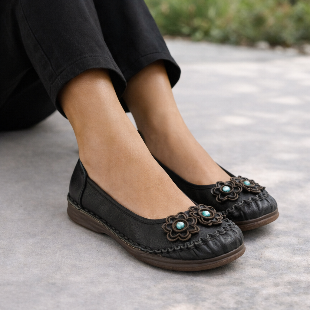 Renessa Premium Leather Comfort Flower Ballerinas