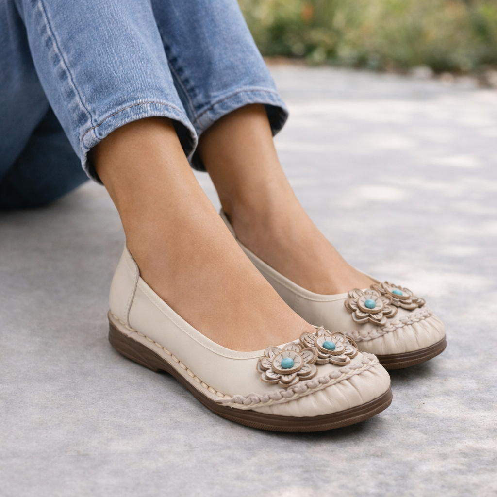 Renessa Premium Leather Comfort Flower Ballerinas