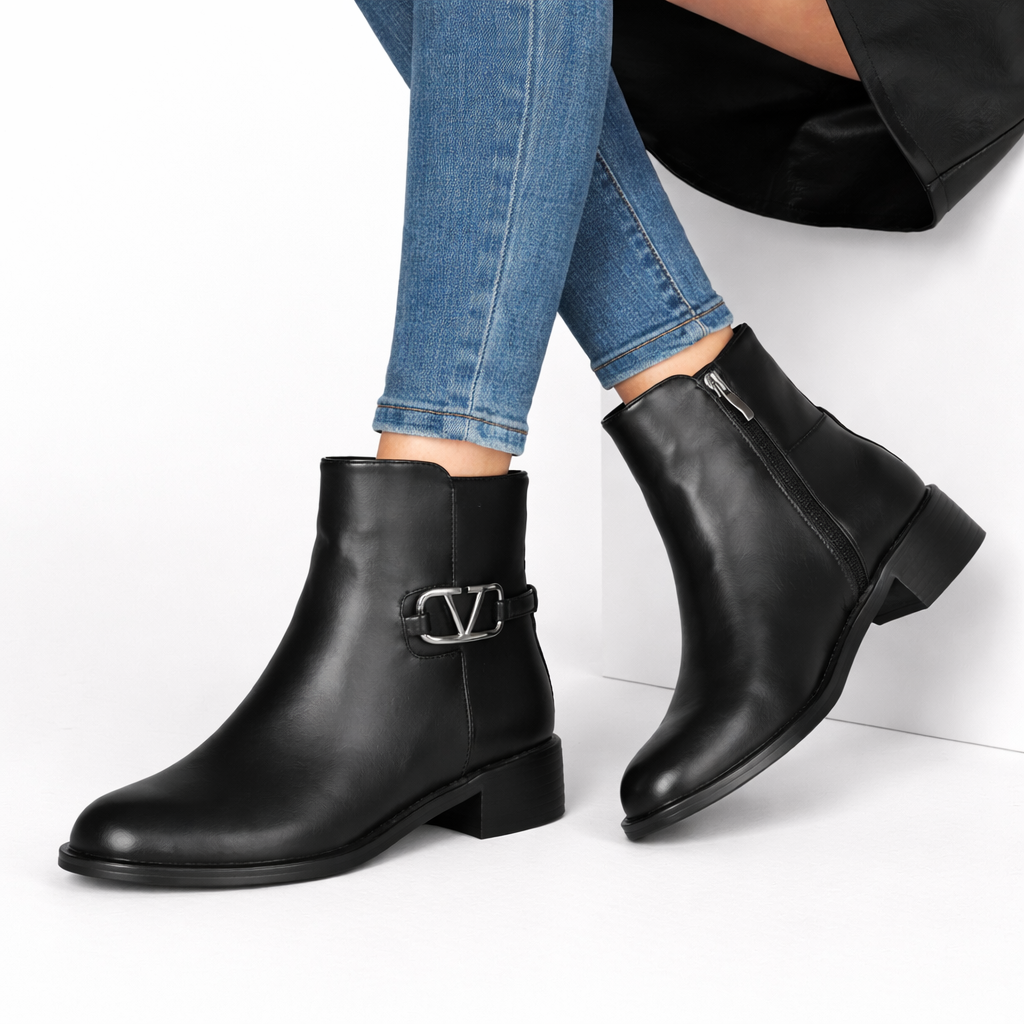 Amalfi Noir Premium Winter Ankle Low Heel Boots - The Heels India