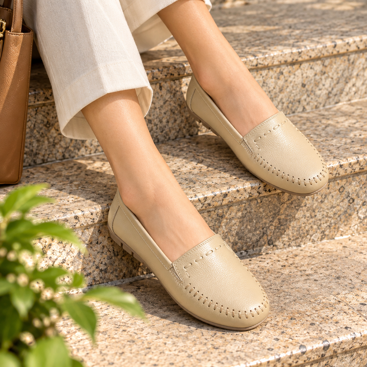 Lizzy 3.0 Leather Classic Ballerinas in Beige - The Heels India