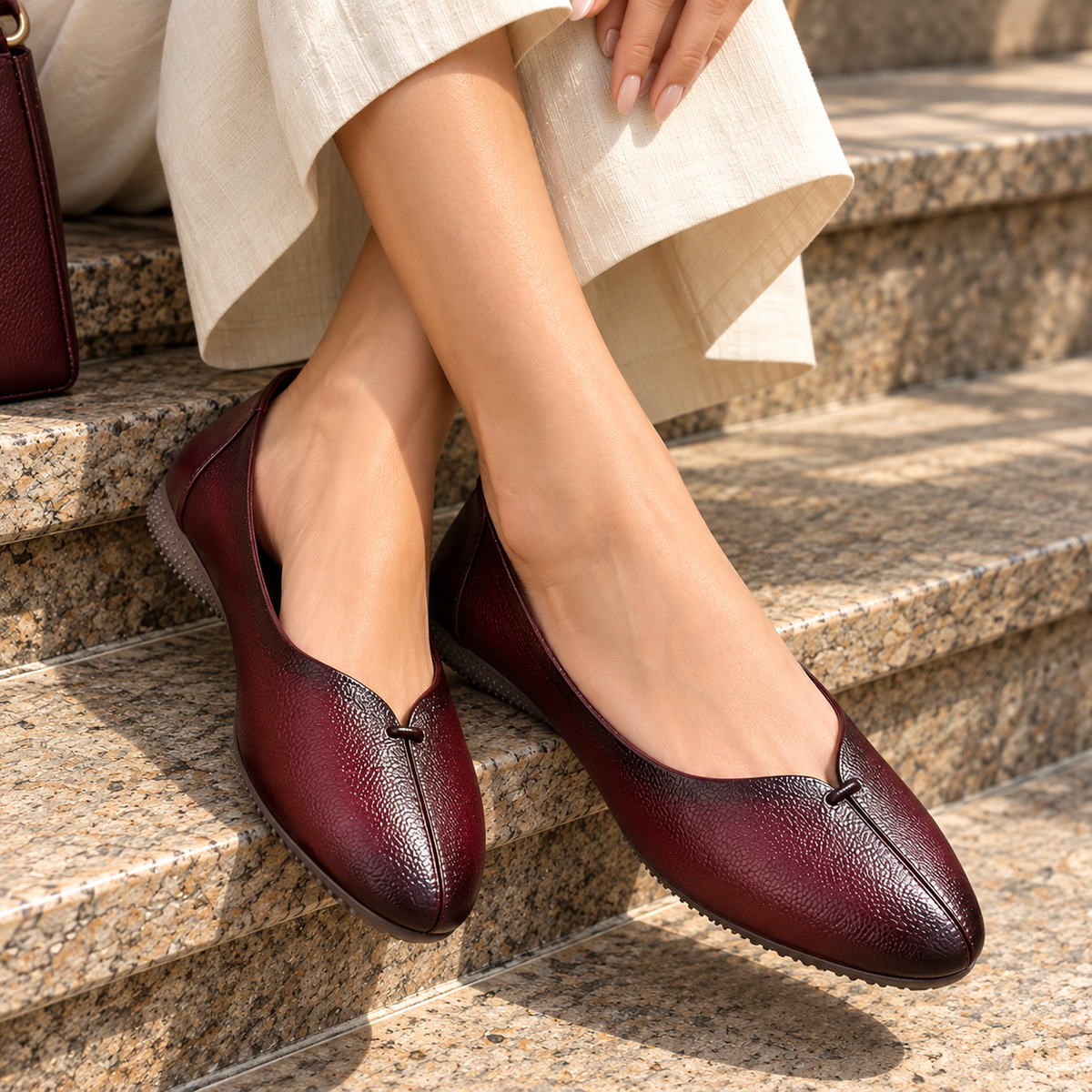 Nysa Classic Leather Ballerinas in Maroon - The Heels India