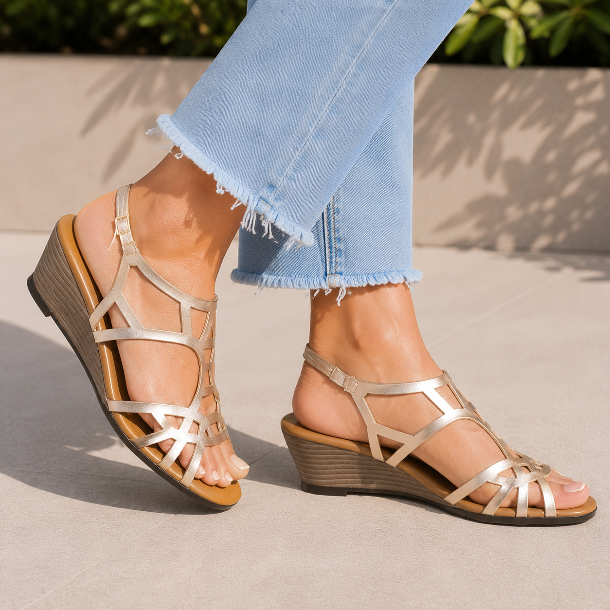 Riley Laser Cut Gladiator Back Elastic Wedge Heels