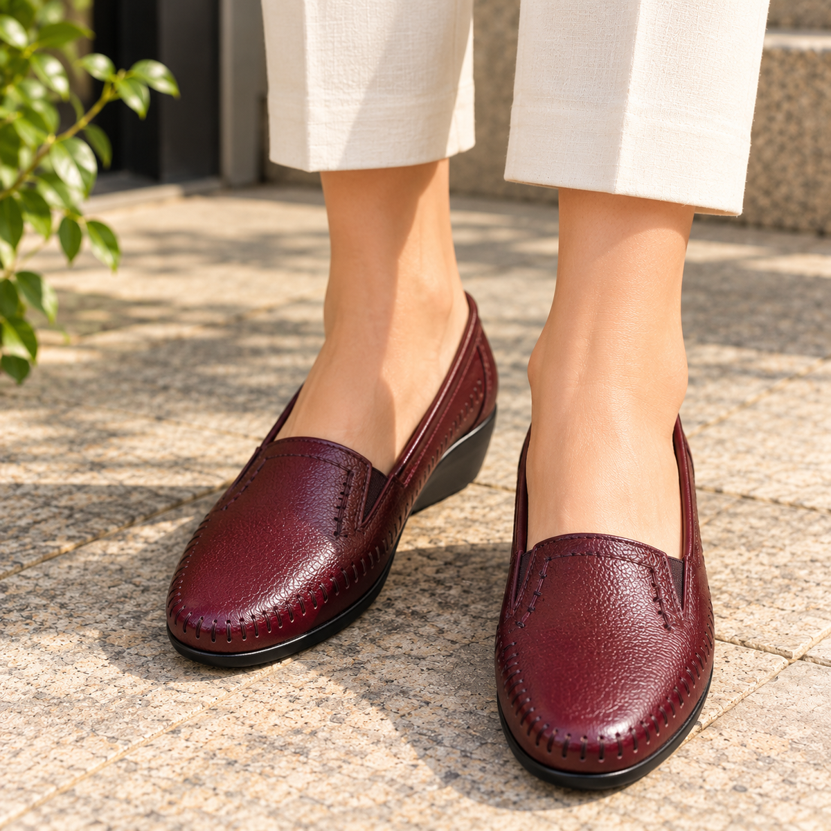 Lizzy Wedge Leather Classic Ballerinas in Maroon - The Heels India