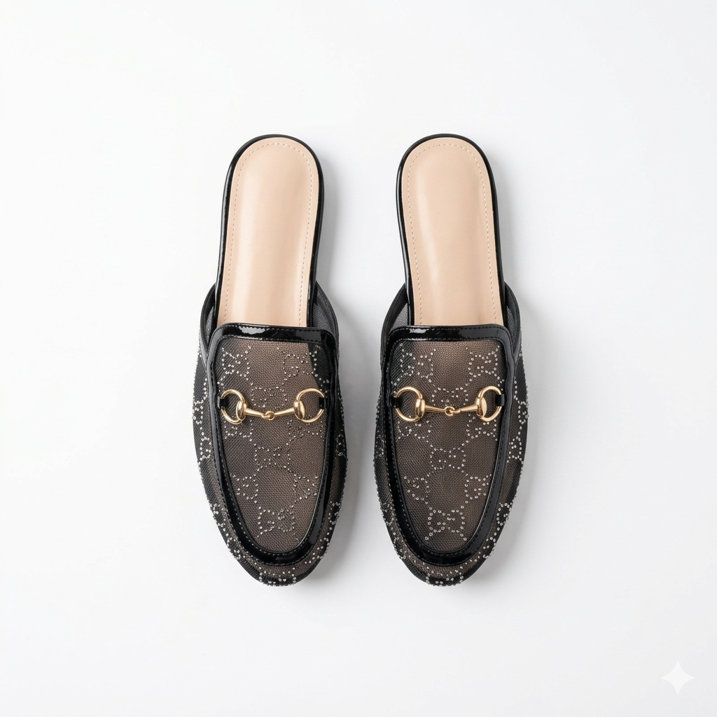 Leto Cushioned Back Open Bling Mesh Mules - The Heels India