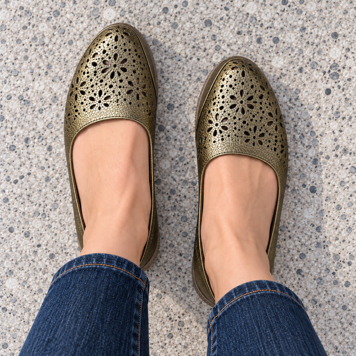 Ellis Leather Perforated Flat Ballerinas in Bronze - The Heels India