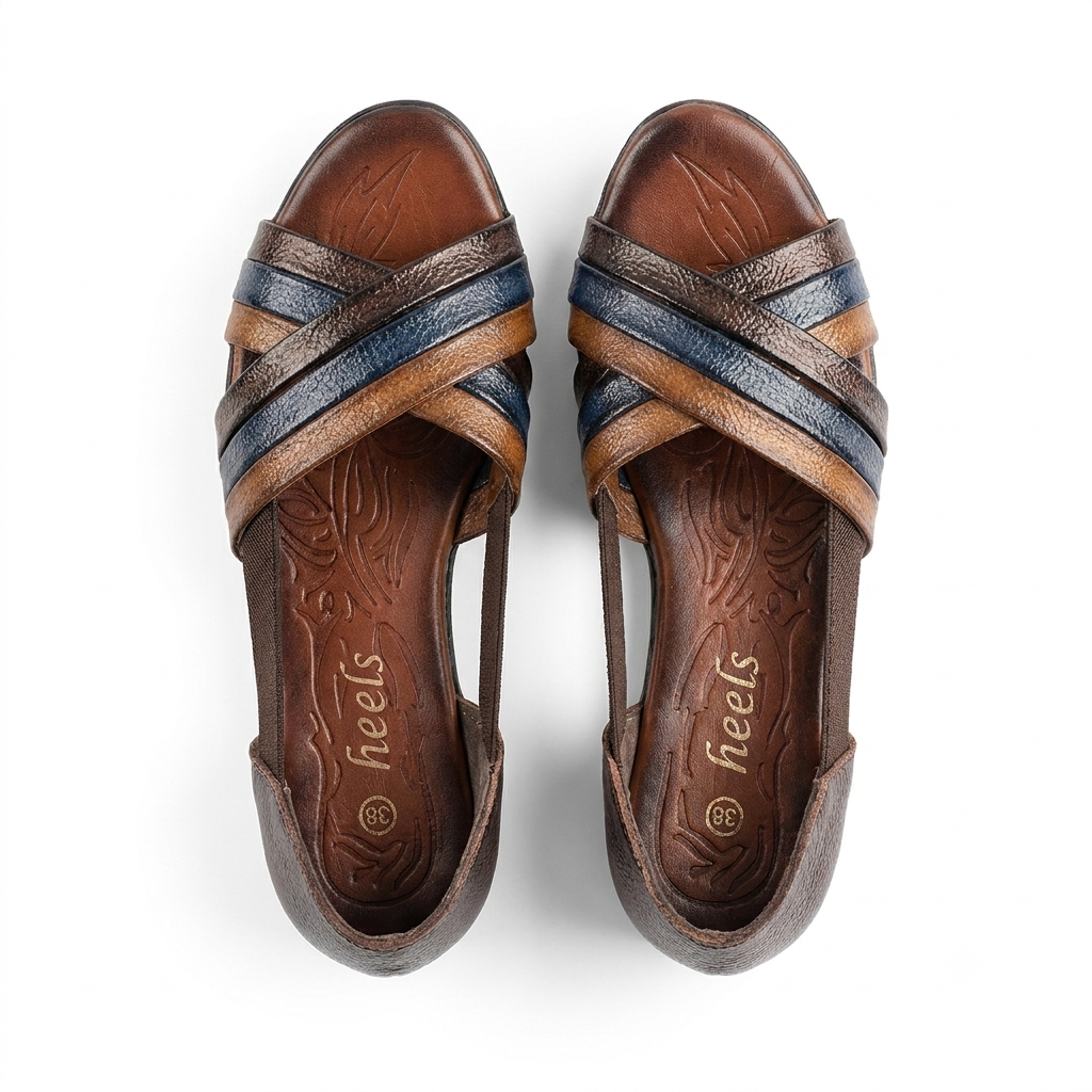 Georgia Rainbow Leather Crisscross Sandals in Brown - The Heels India