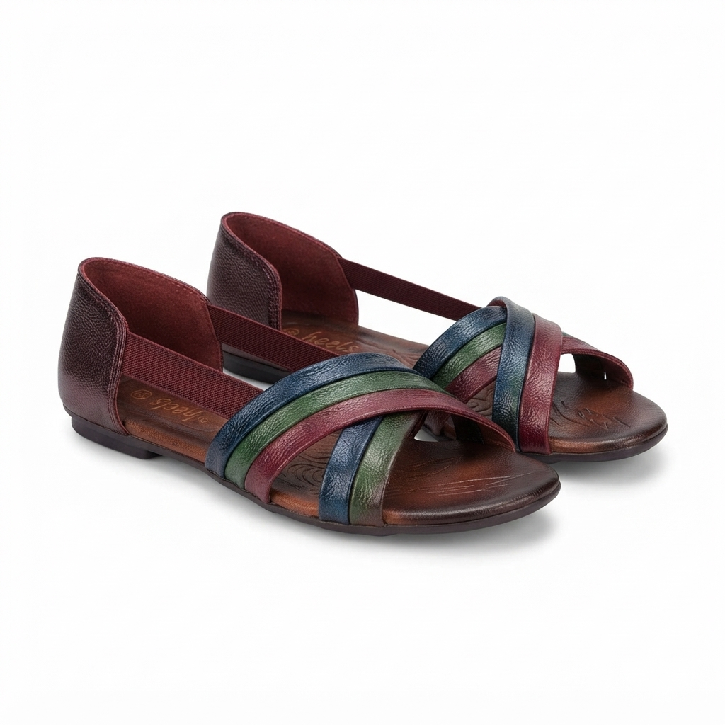 Georgia Rainbow Leather Crisscross Sandals in Maroon - The Heels India