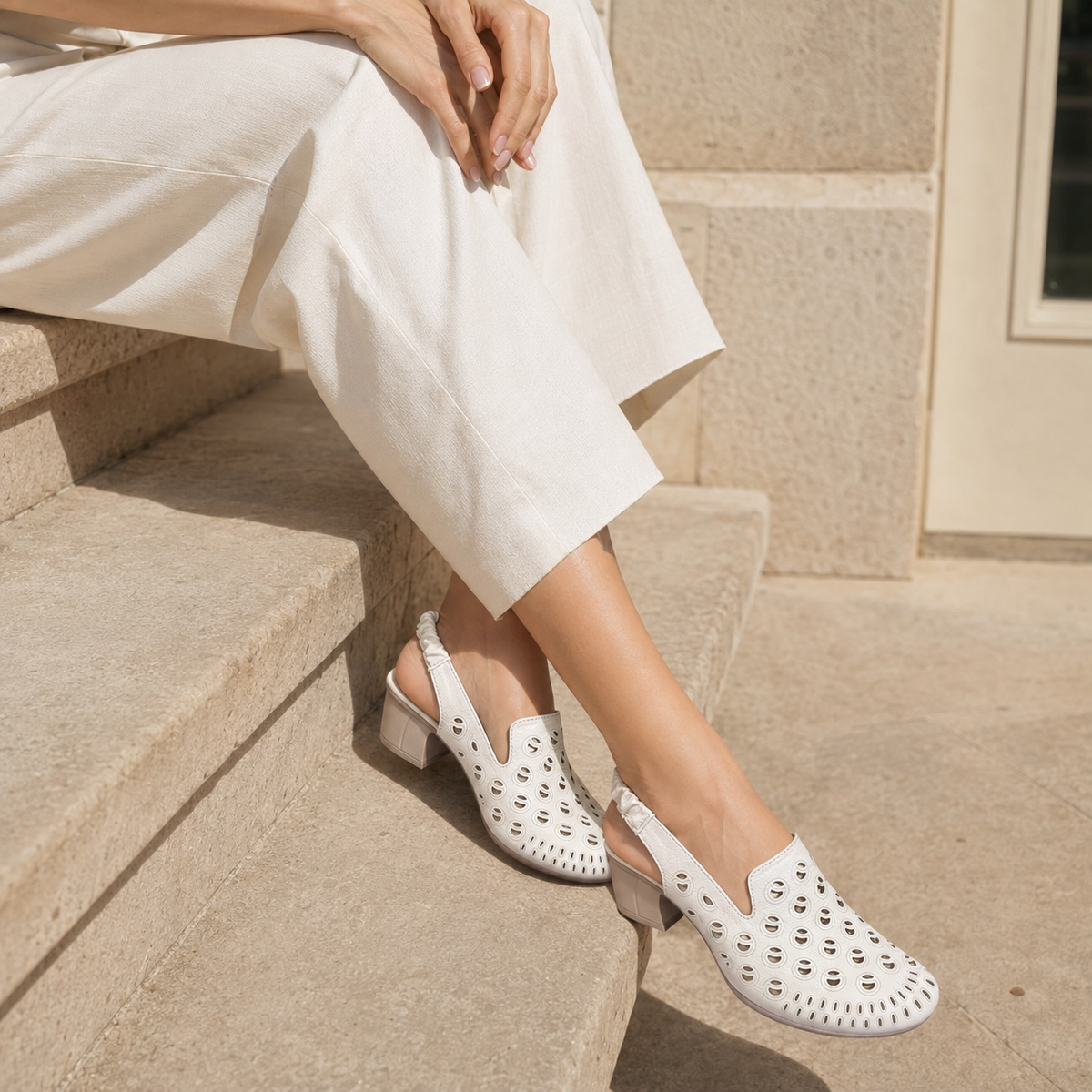 Sakina Premium Leather Perforated Slingback Summer Sandals - The Heels India