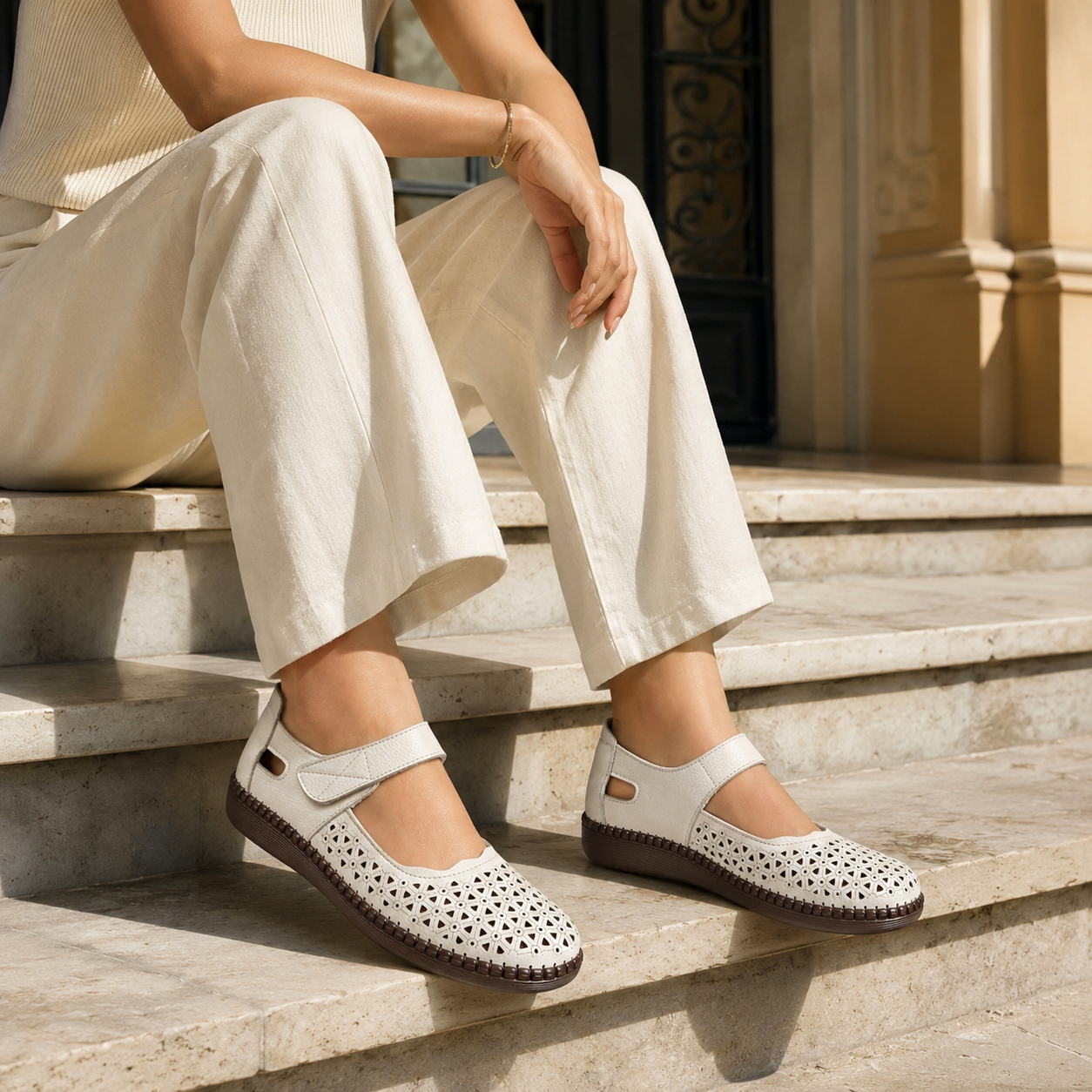 Melissa Leather Velcro Strap Perforated Cushioned Loafers