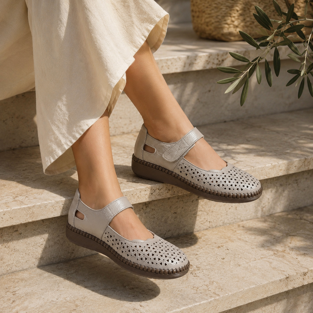 Melissa Leather Velcro Strap Perforated Cushioned Loafers