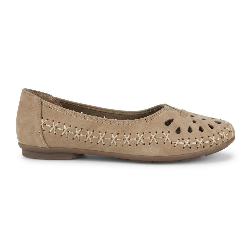 Lynda Nubuk Perforated Leather Ballerinas in Chikoo - The Heels India