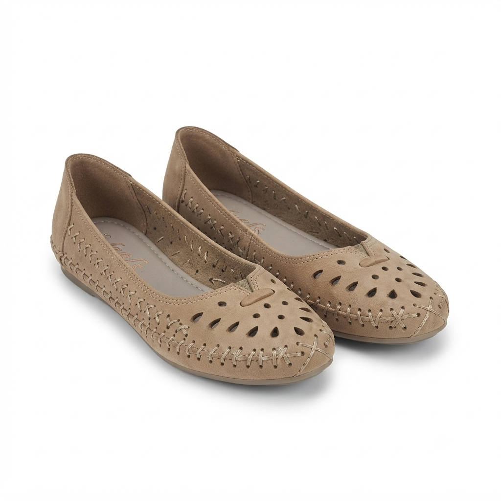 Lynda Nubuk Perforated Leather Ballerinas in Chikoo - The Heels India