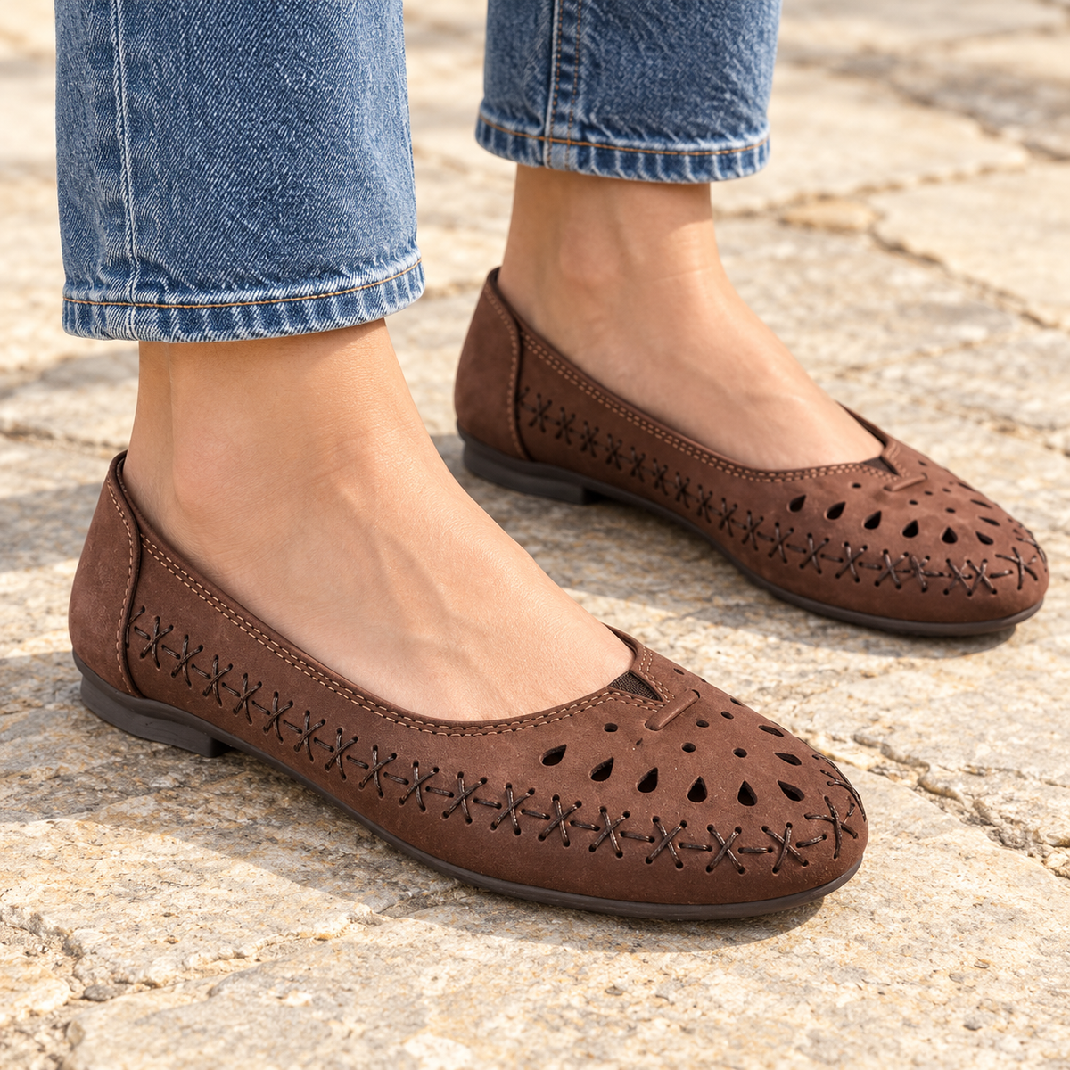 Lynda Nubuk Perforated Leather Ballerinas in Brown - The Heels India