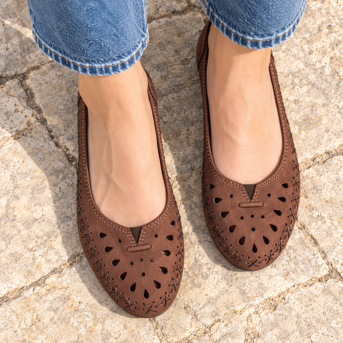 Lynda Nubuk Perforated Leather Ballerinas in Brown - The Heels India