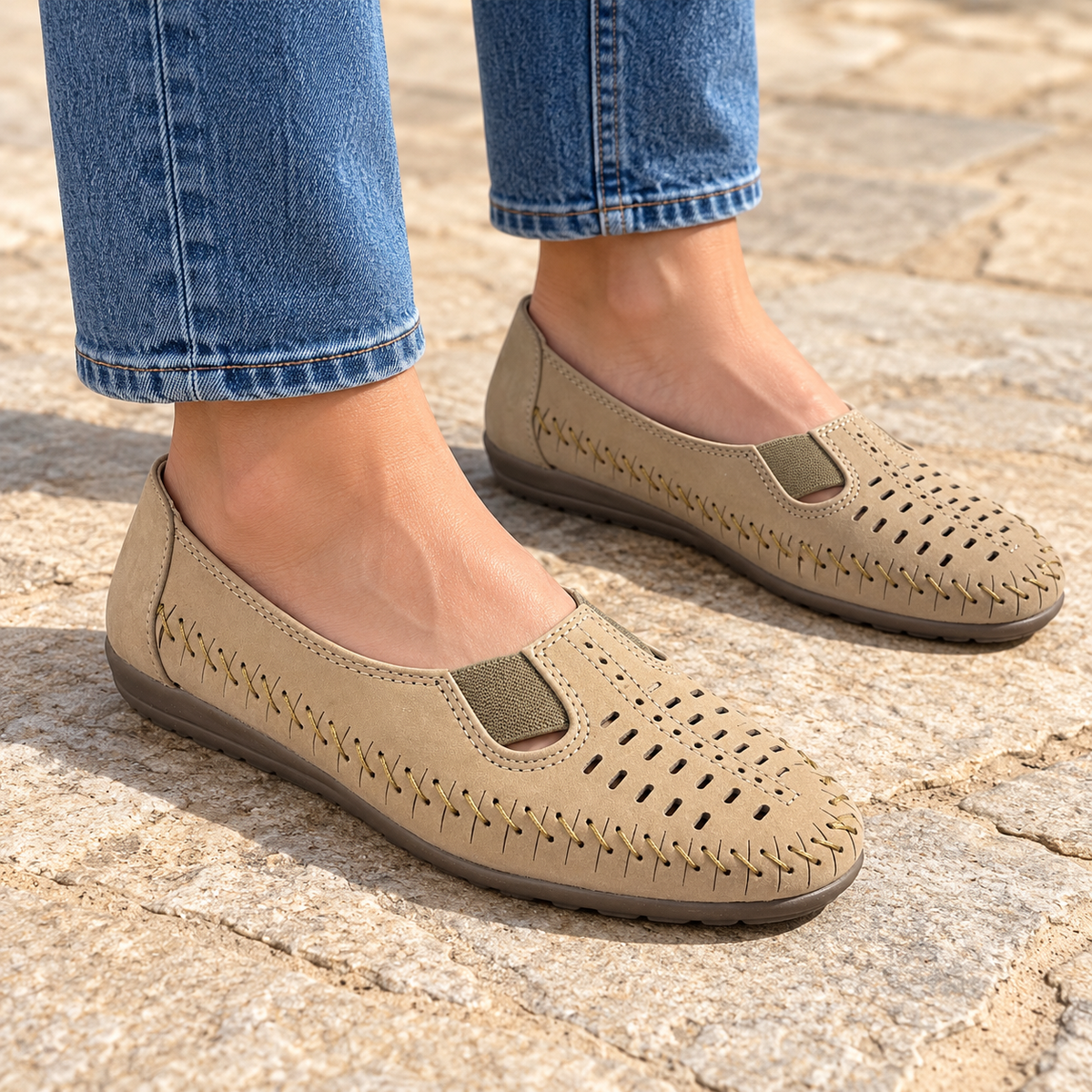 Paulina Nubuk Perforated Leather Ballerinas in Chikoo - The Heels India
