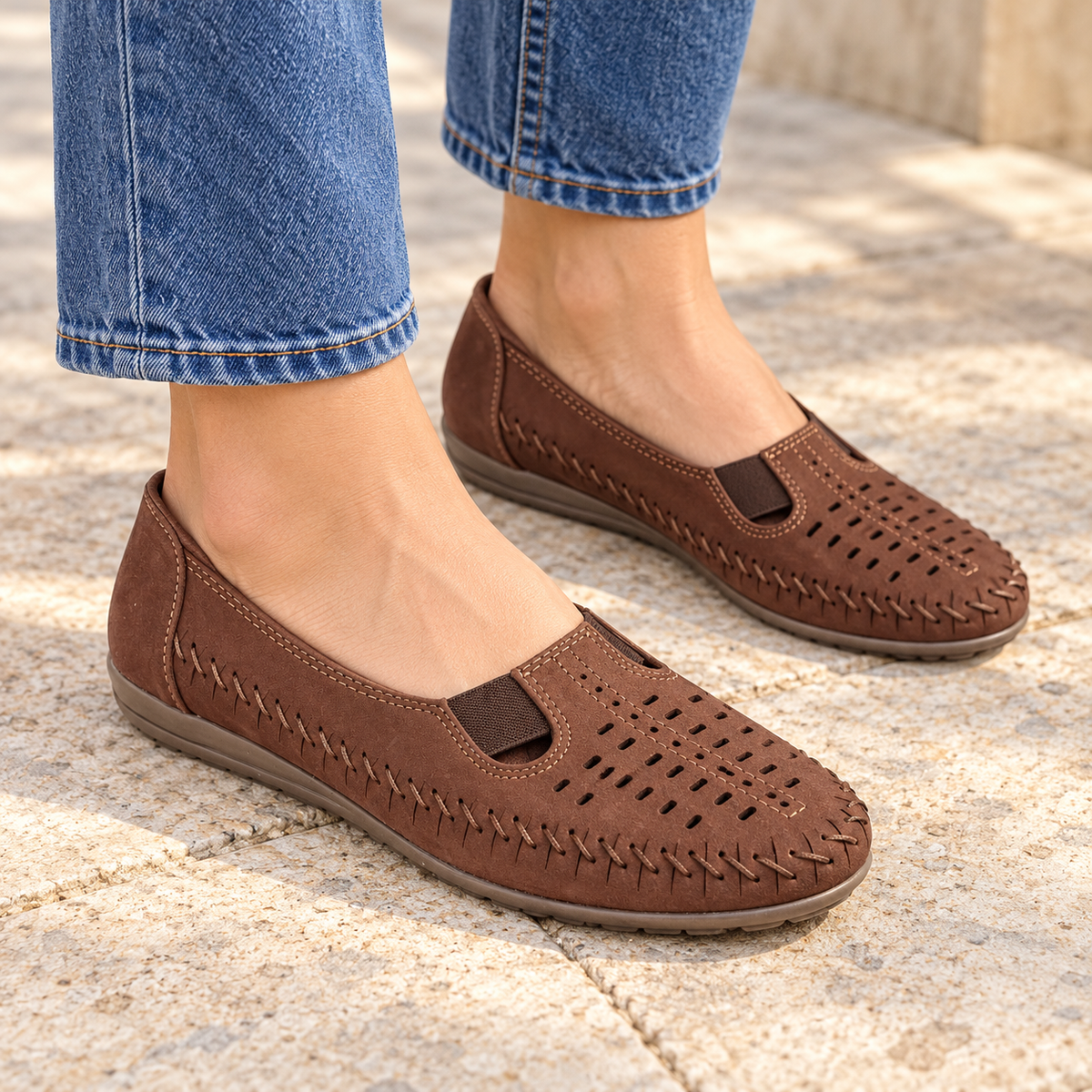 Paulina Nubuk Perforated Leather Ballerinas in Brown - The Heels India