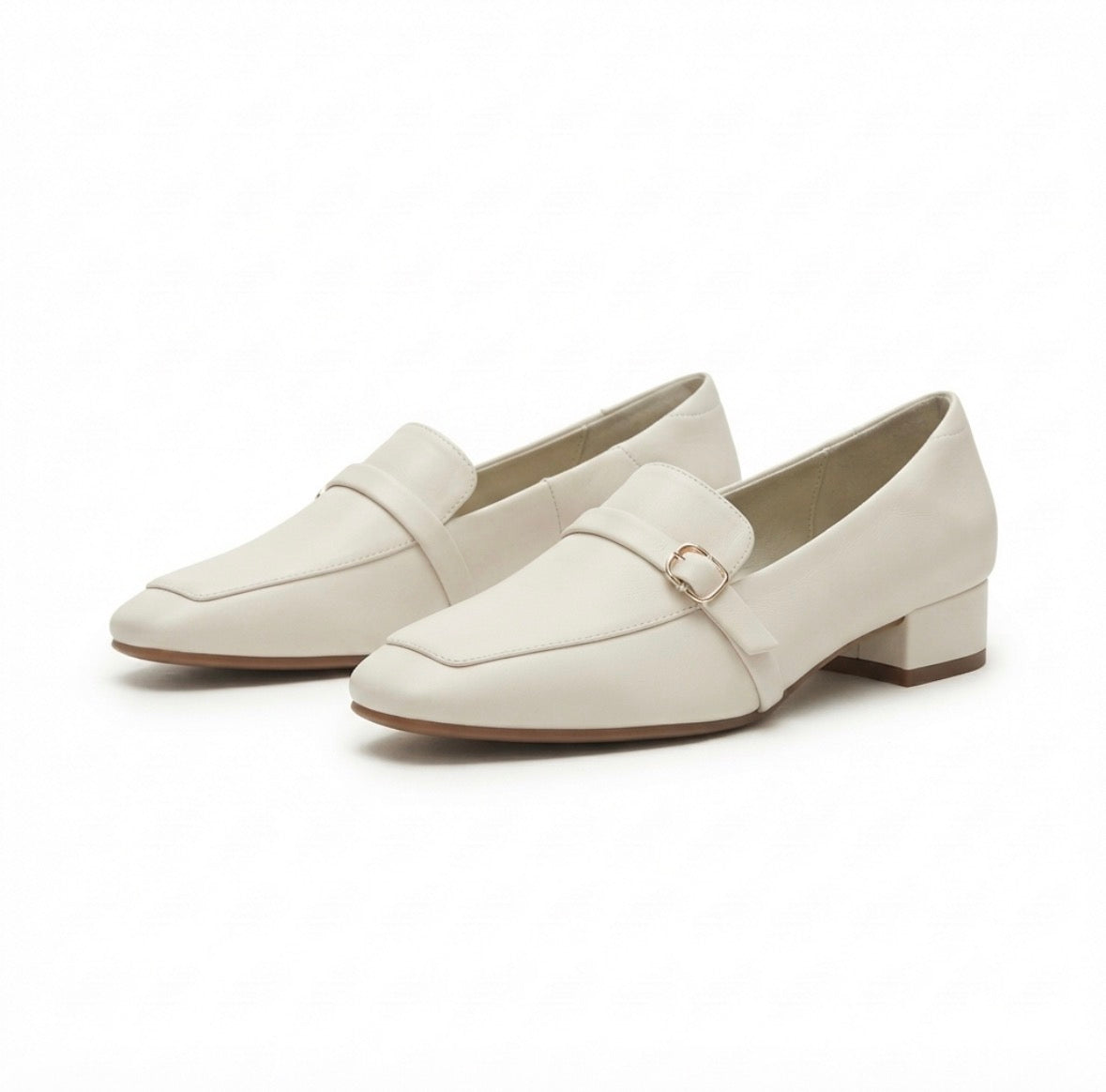 Paris Buckled Mid Heel Formal Loafers in Off White - The Heels India