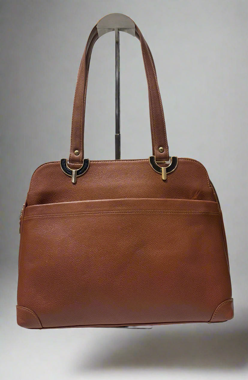 Brown leather handbag on a white background