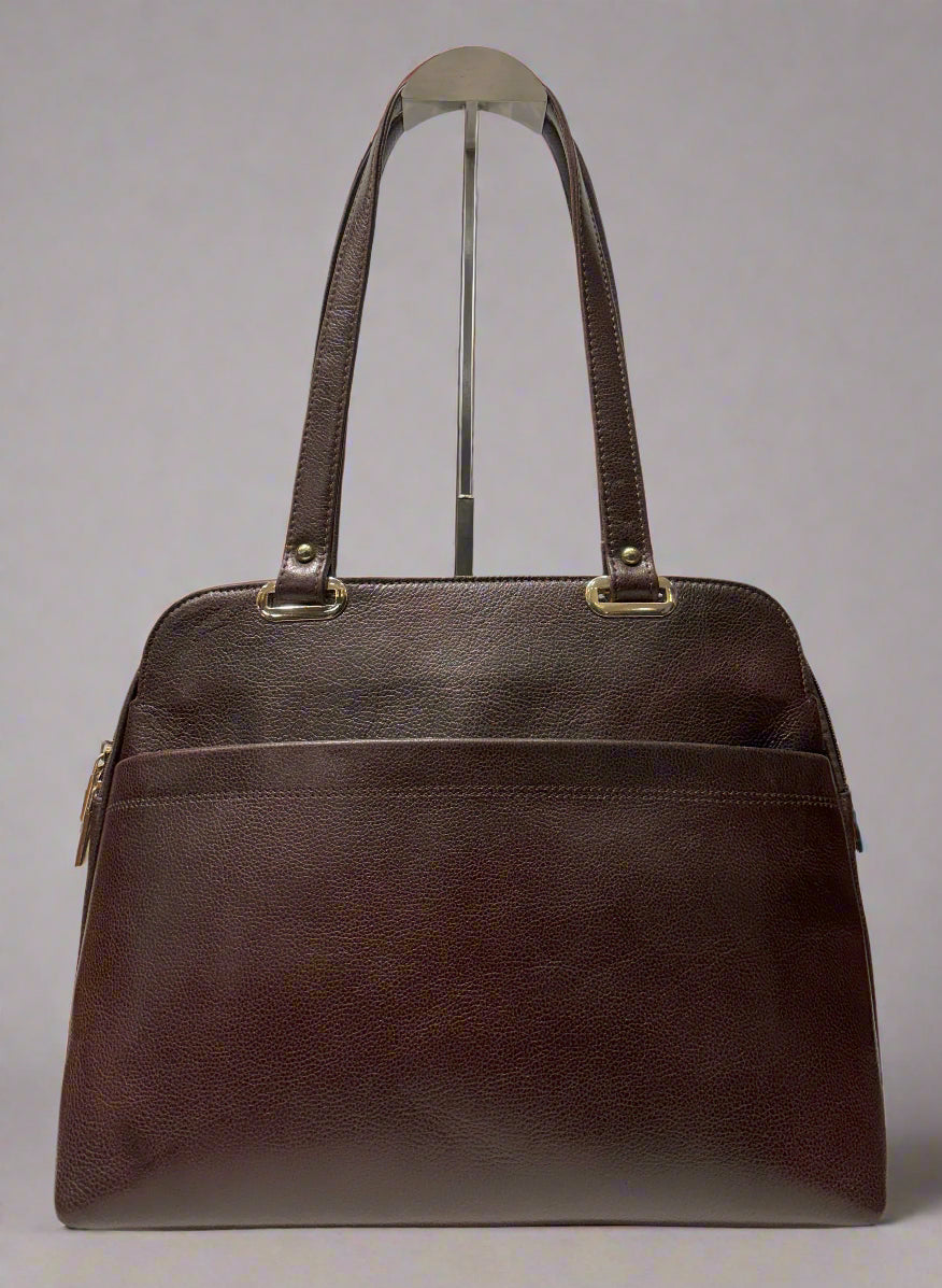 Brown leather handbag on a white background